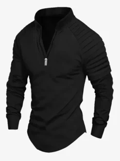 Mens Polo Shirt V-Neck Long Sleeves Zipper Regular Fit Gray Handsome Polo Shirts