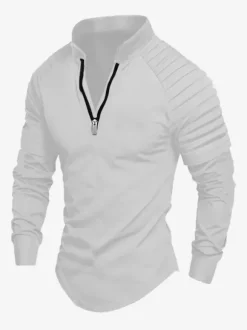 Mens Polo Shirt V-Neck Long Sleeves Zipper Regular Fit Gray Handsome Polo Shirts
