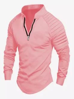 Mens Polo Shirt V-Neck Long Sleeves Zipper Regular Fit Gray Handsome Polo Shirts