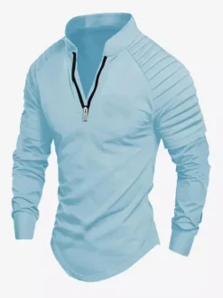 Mens Polo Shirt V-Neck Long Sleeves Zipper Regular Fit Gray Handsome Polo Shirts
