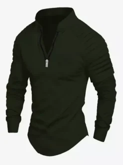 Mens Polo Shirt V-Neck Long Sleeves Zipper Regular Fit Gray Handsome Polo Shirts