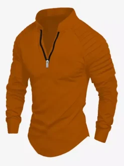 Mens Polo Shirt V-Neck Long Sleeves Zipper Regular Fit Gray Handsome Polo Shirts