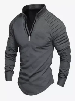 Mens Polo Shirt V-Neck Long Sleeves Zipper Regular Fit Gray Handsome Polo Shirts