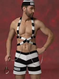 Men's Prisoner Costume Set Striped Body Harness Shorts Hat With Chain Halloween Outfit Night Club Wear