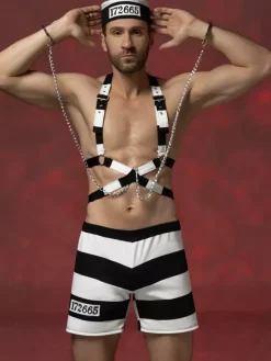 Men's Prisoner Costume Set Striped Body Harness Shorts Hat With Chain Halloween Outfit Night Club Wear
