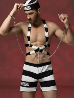 Men's Prisoner Costume Set Striped Body Harness Shorts Hat With Chain Halloween Outfit Night Club Wear