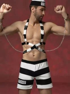 Men's Prisoner Costume Set Striped Body Harness Shorts Hat With Chain Halloween Outfit Night Club Wear