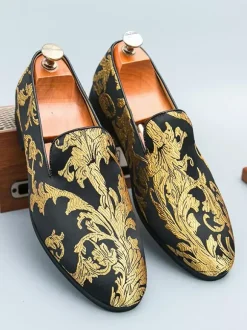 Men's Prom Shoes Satin Round Toe Emboriderd Slip On Shoes