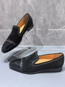 Men's Prom Shoes Square Toe Rhinestones Patchwork Slip On Loafers Dress Shoes
