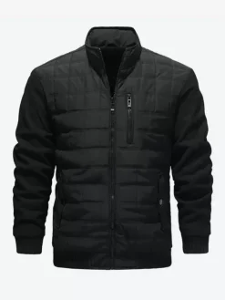 Men 's Quilted Jackets Long Sleeve Single Vertical Zippered Chest Pocket And Side Pockets Coats With Ribbed Cuffs And Hem Design