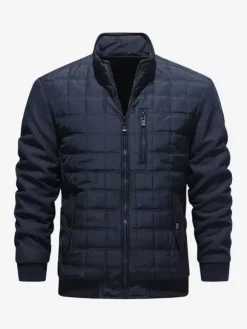 Men 's Quilted Jackets Long Sleeve Single Vertical Zippered Chest Pocket And Side Pockets Coats With Ribbed Cuffs And Hem Design