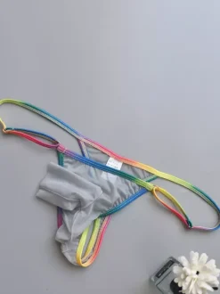 Men's Rainbow Waistband Separate Pouch Sheer See-Through Mesh Thong Underwear