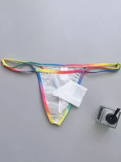 Men's Rainbow Waistband Separate Pouch Sheer See-Through Mesh Thong Underwear