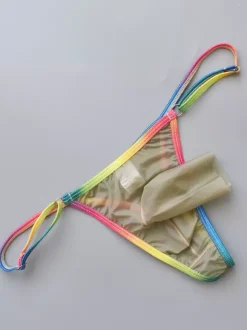 Men's Rainbow Waistband Separate Pouch Sheer See-Through Mesh Thong Underwear