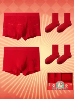 Men’s Red Underwear And Socks Set For Birth Year Seamless Mid-Rise Red Briefs