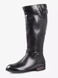 Men's Riding Boots Black PU Round Toe Buckle Detail Mid Calf Boots