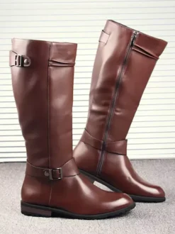 Men's Riding Boots Black PU Round Toe Buckle Detail Mid Calf Boots