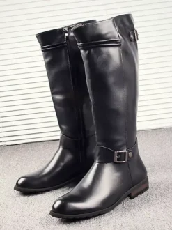 Men's Riding Boots Black PU Round Toe Buckle Detail Mid Calf Boots