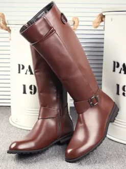 Men's Riding Boots Black PU Round Toe Buckle Detail Mid Calf Boots
