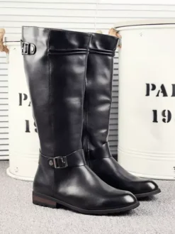 Men's Riding Boots Black PU Round Toe Buckle Detail Mid Calf Boots