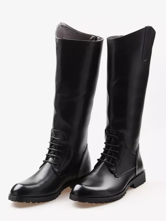 Men's Riding Boots Black Round Toe Lace Up Knee High Boots