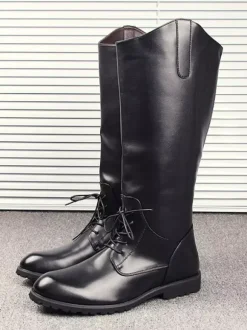 Men's Riding Boots Black Round Toe Lace Up Knee High Boots