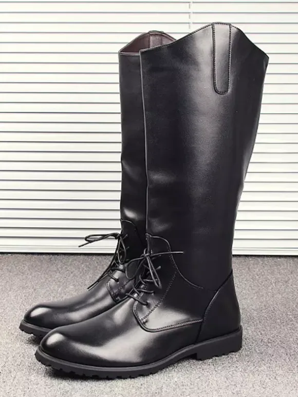 Men's Riding Boots Black Round Toe Lace Up Knee High Boots