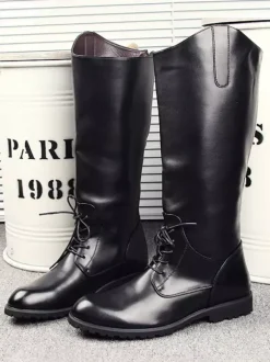 Men's Riding Boots Black Round Toe Lace Up Knee High Boots