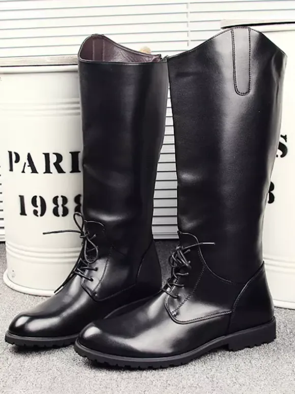 Men's Riding Boots Black Round Toe Lace Up Knee High Boots