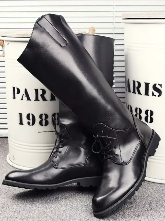 Men's Riding Boots Black Round Toe Lace Up Knee High Boots