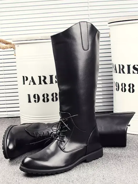 Men's Riding Boots Black Round Toe Lace Up Knee High Boots