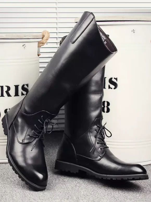 Men's Riding Boots Black Round Toe Lace Up Knee High Boots