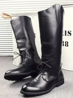 Men's Riding Boots Black Round Toe Lace Up Knee High Boots