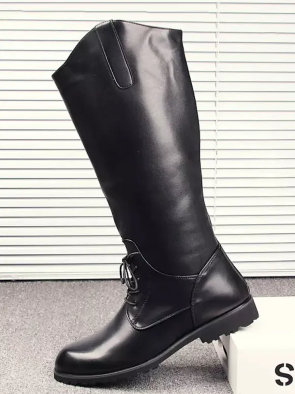Men's Riding Boots Black Round Toe Lace Up Knee High Boots