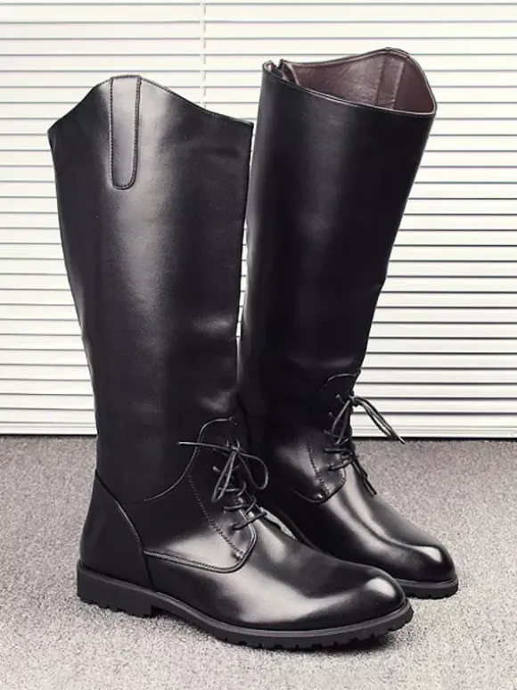 Men's Riding Boots Black Round Toe Lace Up Knee High Boots