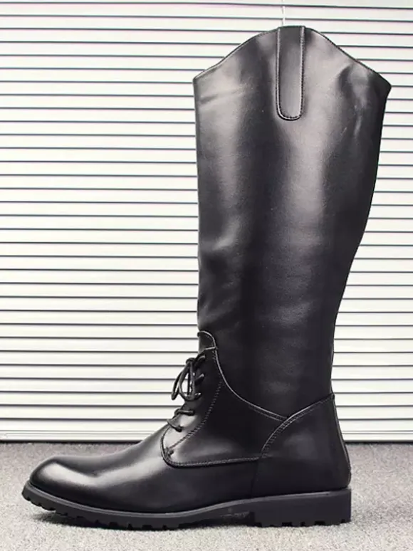 Men's Riding Boots Black Round Toe Lace Up Knee High Boots