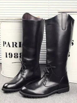 Men's Riding Boots Black Round Toe Lace Up Knee High Boots