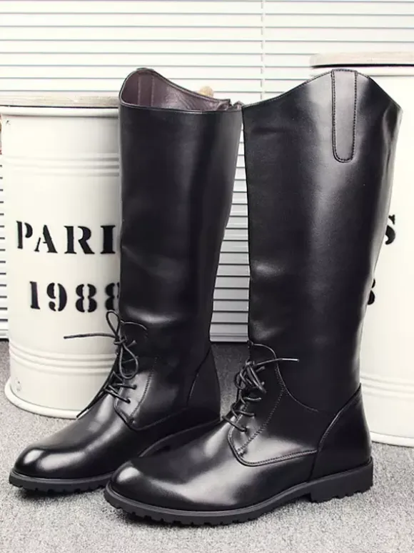 Men's Riding Boots Black Round Toe Lace Up Knee High Boots