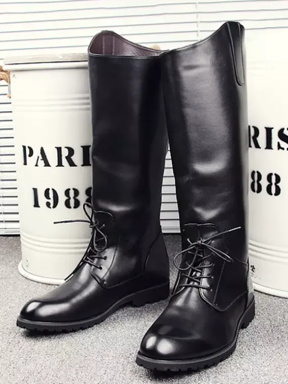 Men's Riding Boots Black Round Toe Lace Up Knee High Boots