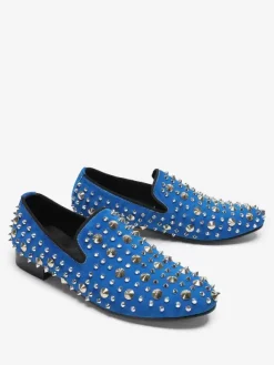 Mens Rivets Loafer Cowhide Blue Slip On Spikes Prom Wedding Shoes