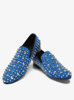 Mens Rivets Loafer Cowhide Blue Slip On Spikes Prom Wedding Shoes