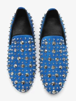Mens Rivets Loafer Cowhide Blue Slip On Spikes Prom Wedding Shoes