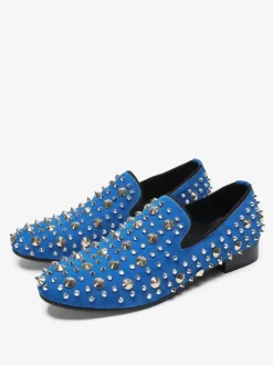 Mens Rivets Loafer Cowhide Blue Slip On Spikes Prom Wedding Shoes