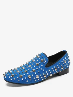 Mens Rivets Loafer Cowhide Blue Slip On Spikes Prom Wedding Shoes