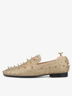 Men's Rivets Loafer Gold Yellow Velvet Slippers Slip-On Spikes Round Toe Suede Upper Prom Party Wedding