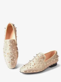 Men's Rivets Loafer Gold Yellow Velvet Slippers Slip-On Spikes Round Toe Suede Upper Prom Party Wedding