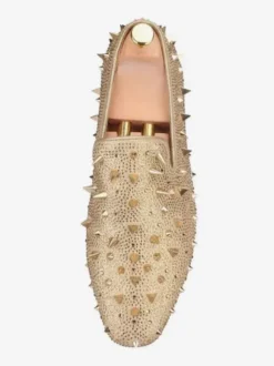 Men's Rivets Loafer Gold Yellow Velvet Slippers Slip-On Spikes Round Toe Suede Upper Prom Party Wedding