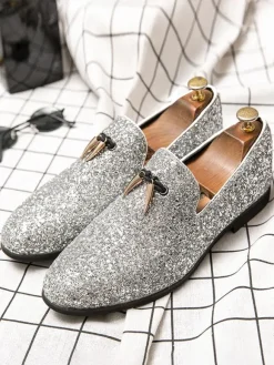 Mens Rivets Loafer Prom Party Wedding Shoes Black Glitter Slip-On Round Toe Dress Prom Party Wedding Shoes