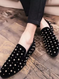 Mens Rivets Loafers Gold Spikes Dress Rivet Suede Leather Floral Easy Slip-On Formal Casual Wedding Party Prom Dancing Flat Penny Shoes