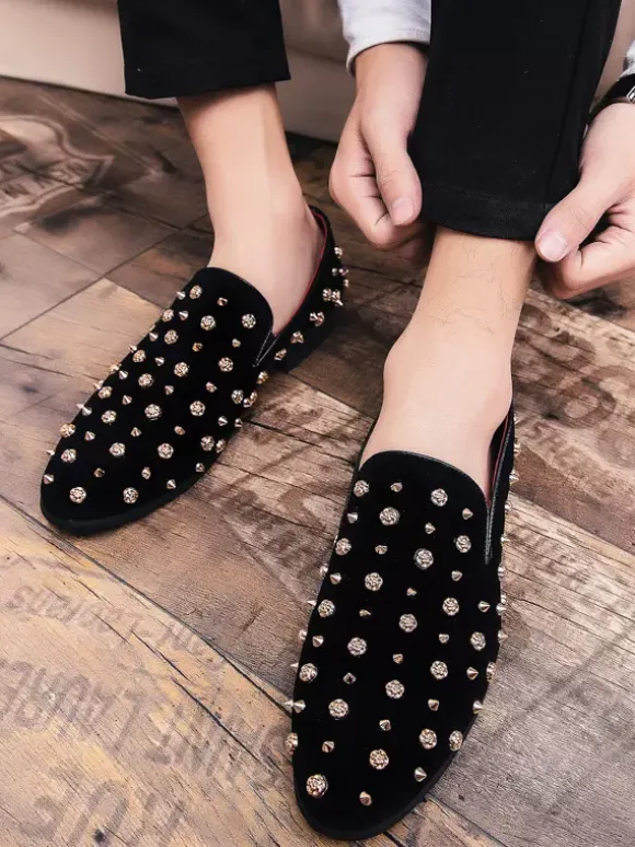 Mens Rivets Loafers Gold Spikes Dress Rivet Suede Leather Floral Easy Slip-On Formal Casual Wedding Party Prom Dancing Flat Penny Shoes
